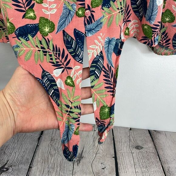 Roadtrip Linen Blend Easy Care Pink Tropical Tie Short Sleeve Top Plus Sz 2X - Picture 6 of 13